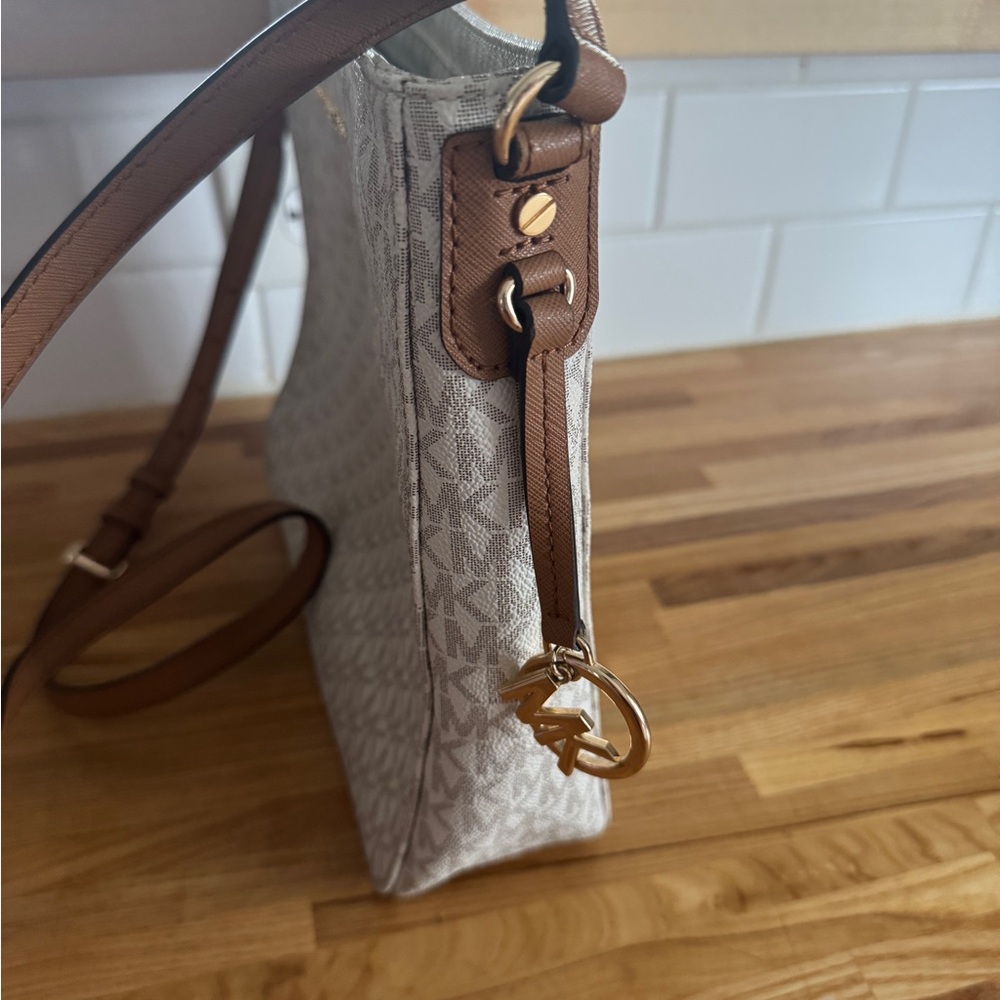 Michael Kors Beige Signature MK Crossbody with Brown Strap - Picture 2 of 6